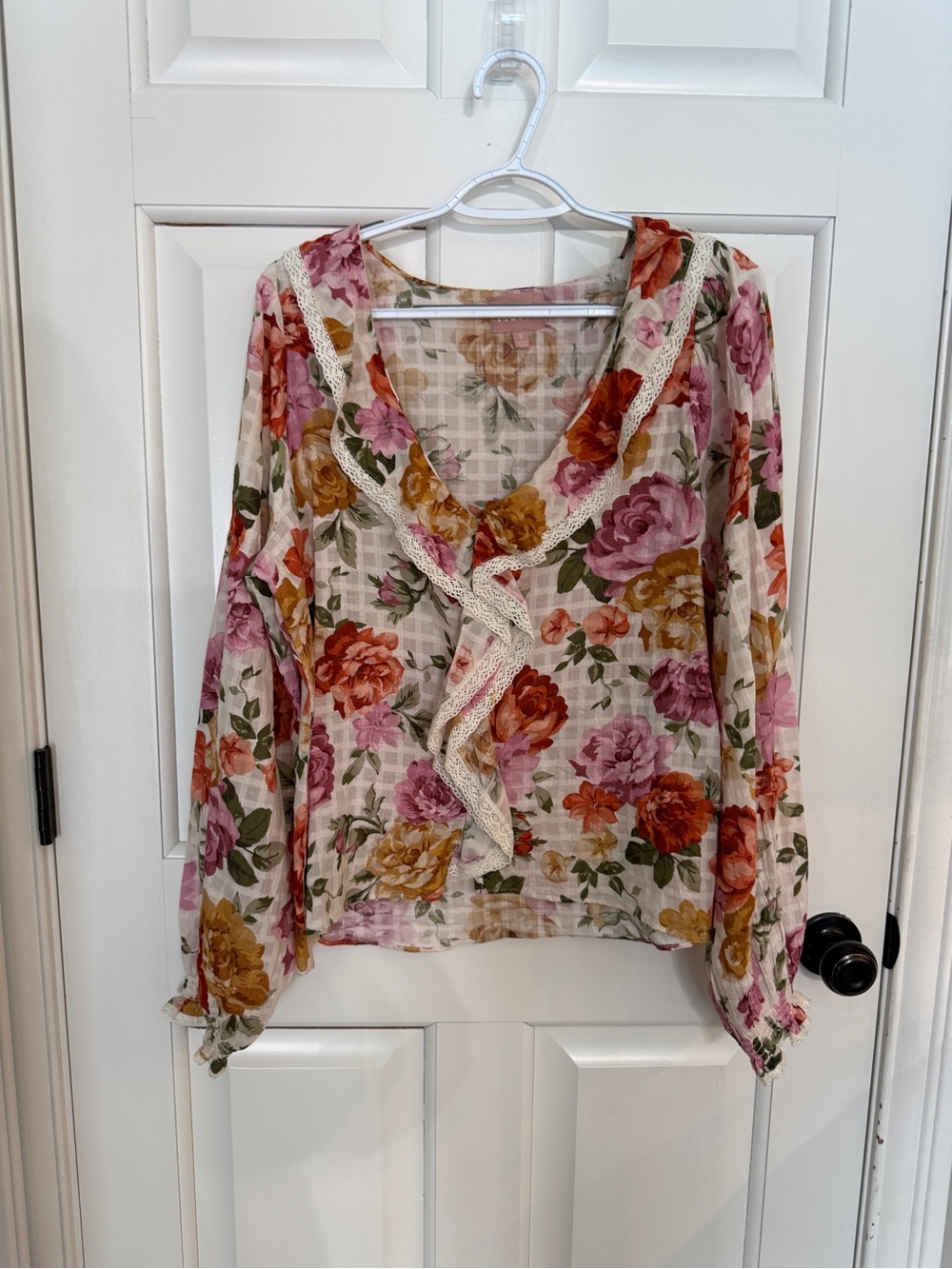 Show Me Your MuMu Lydia Ruffle V-Neck Blouse Ivory Hillside Floral 25628 - Picture 3 of 15